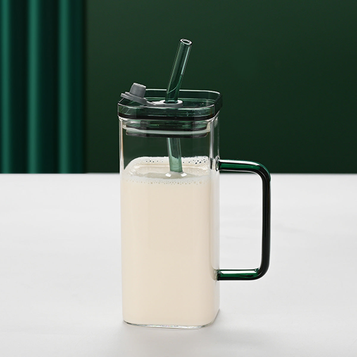 Blue Square Glass Cup with Straw & Lid | High Borosilicate Drinking Glass