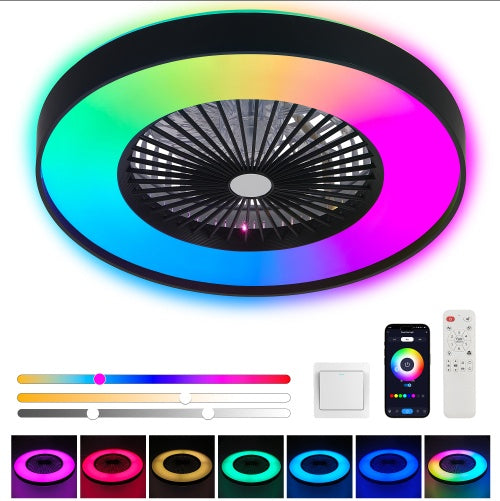 23" Smart Black Ceiling Fan - RGB LED Dimmable with Remote Control
