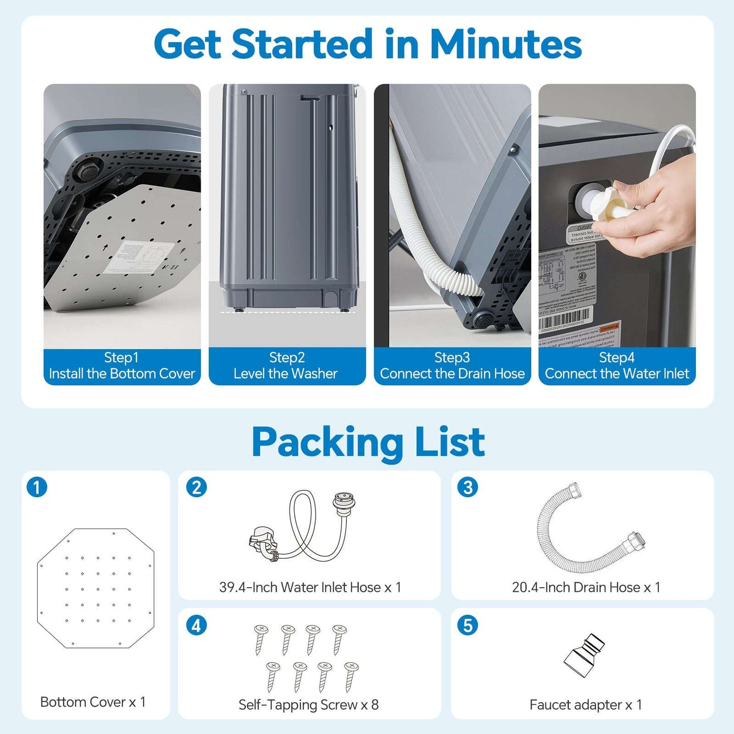 Washing machine setup guide graphic with bottom cover, drain hose, and water inlet