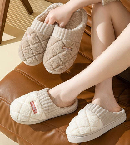 Solid Rhombic Letter Slippers – Warm, Non-Slip Plush for Couples Solid Rhombic Letter Home Slippers Winte | Ectron Online