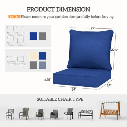 Navy blue chair cushion set showing padded seat and backrest with size diagram