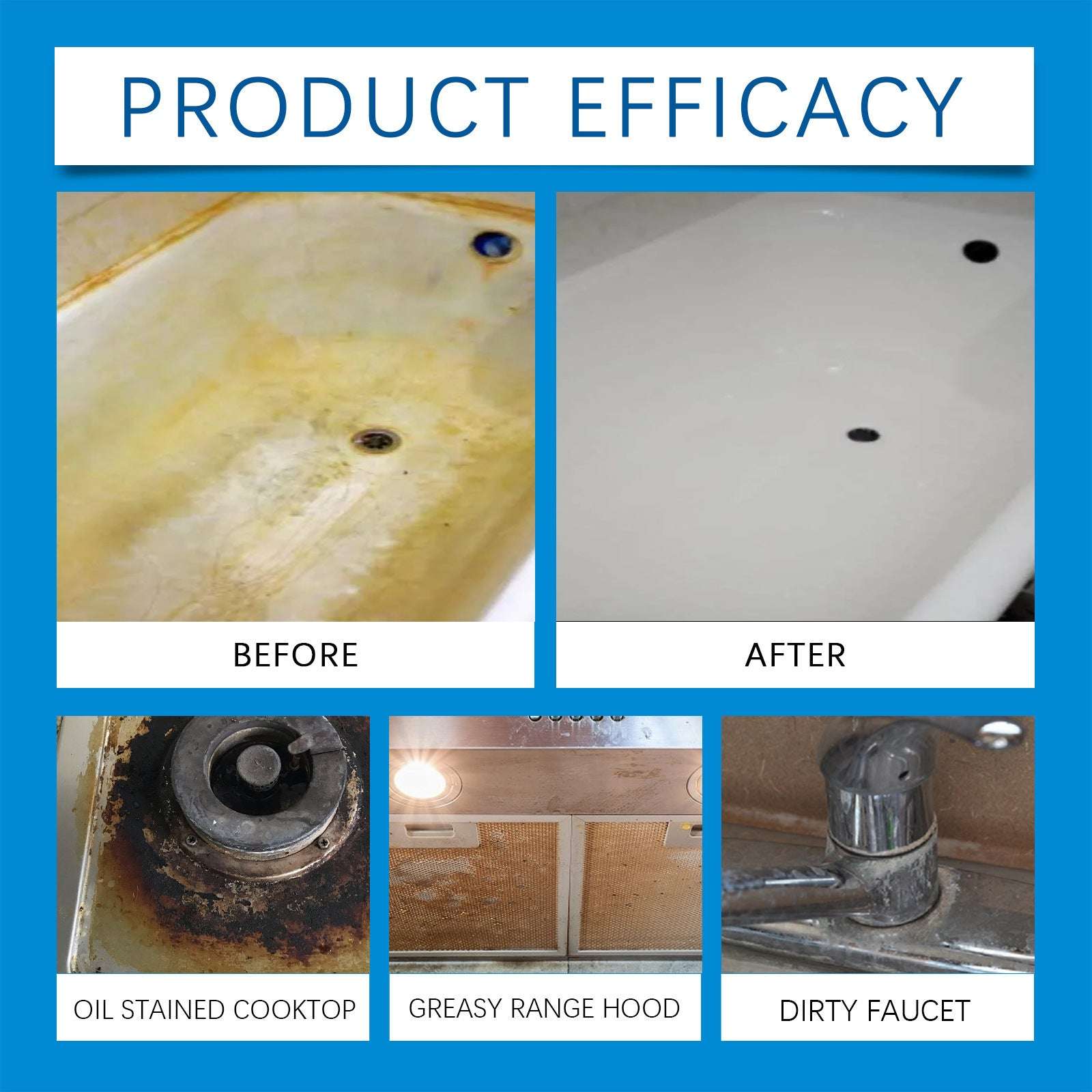 Before and after comparison of cleaning products on a sink, stove, range hood, and faucet.