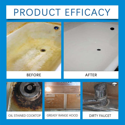 Before and after comparison of cleaning products on a sink, stove, range hood, and faucet.