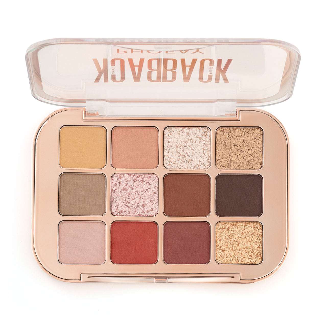 Makeup palette with various shades of eyeshadows on a white background