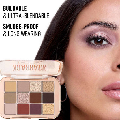 Makeup palette with 'Back to Back' branding next to a close-up of a woman's face with makeup on.