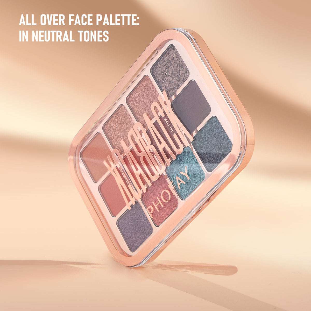 Makeup palette with neutral tones on a beige background