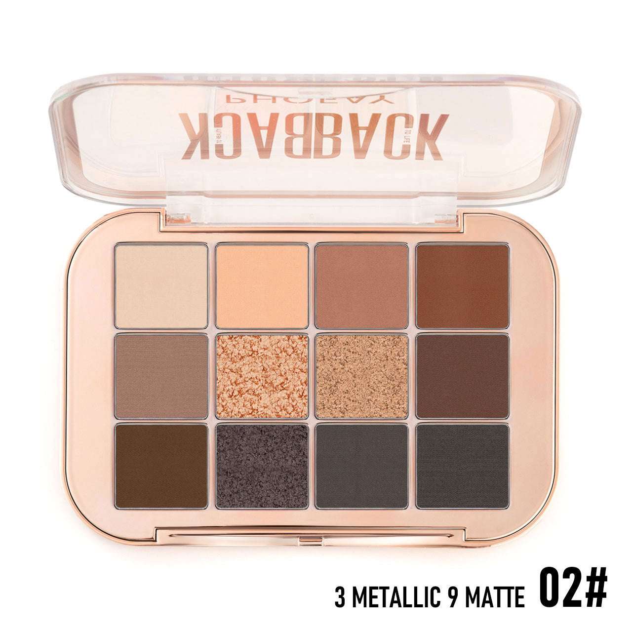 Makeup palette with various shades of eyeshadow in a compact case, featuring the brand 'Back'.