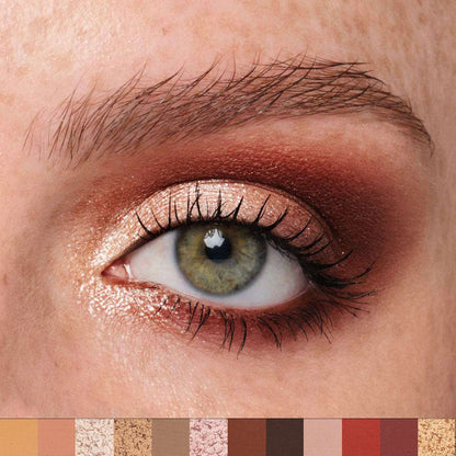 Close-up of a person's eye with bronze eyeshadow and a color swatch below.