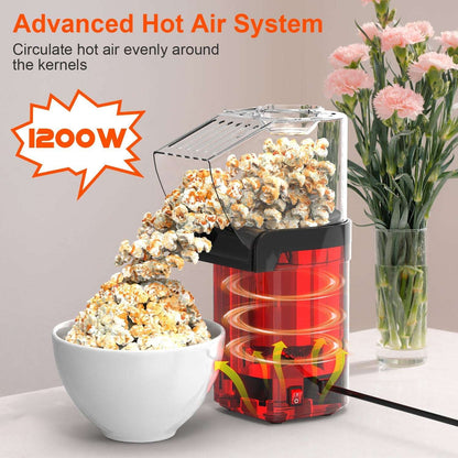 Popcorn maker with hot air circulation system, 1200W label, and bowl of popcorn on a table with flowers.