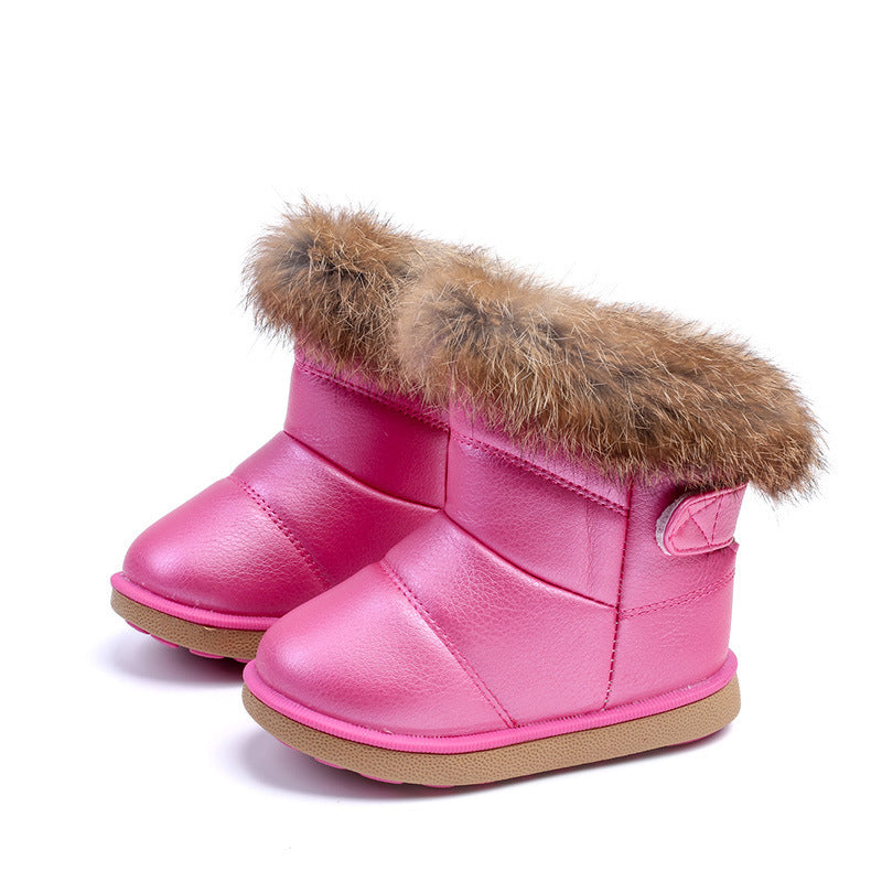 Girls' winter snow boots, bright pink with faux-fur cuff and side button