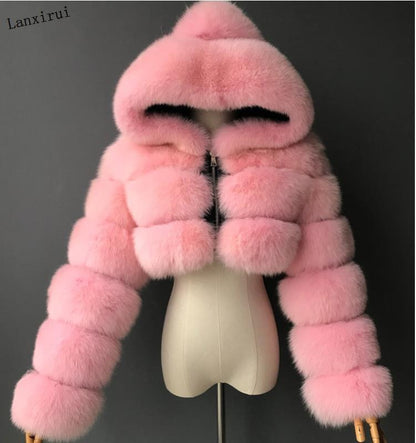 Women's Short Hooded Faux Fur Coat | Trendy Long Sleeve Plush Jacket Short hooded faux fur long sleeve coat | Ectron Online