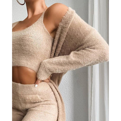 Women's V-Neck Plush Vest & Pants Set | Casual 2-Piece Cozy Suit Women's Casual V-neck Plush Short Vest P | Ectron Online