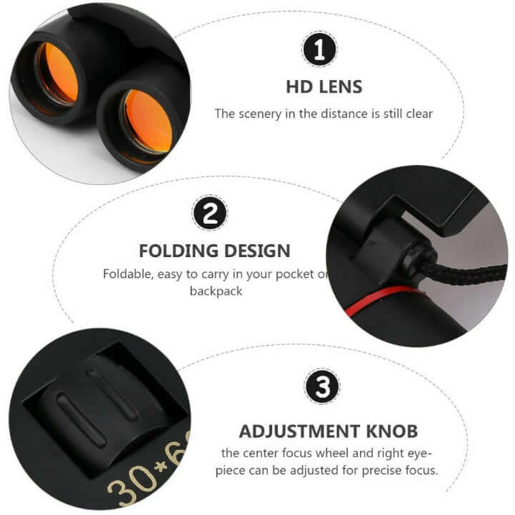Black binoculars with orange lenses, folding design and adjustment knob close-up