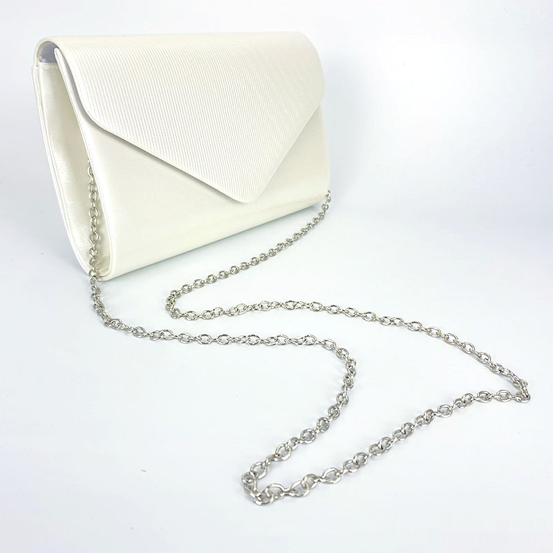 White envelope clutch with top flap and silver-tone chain strap