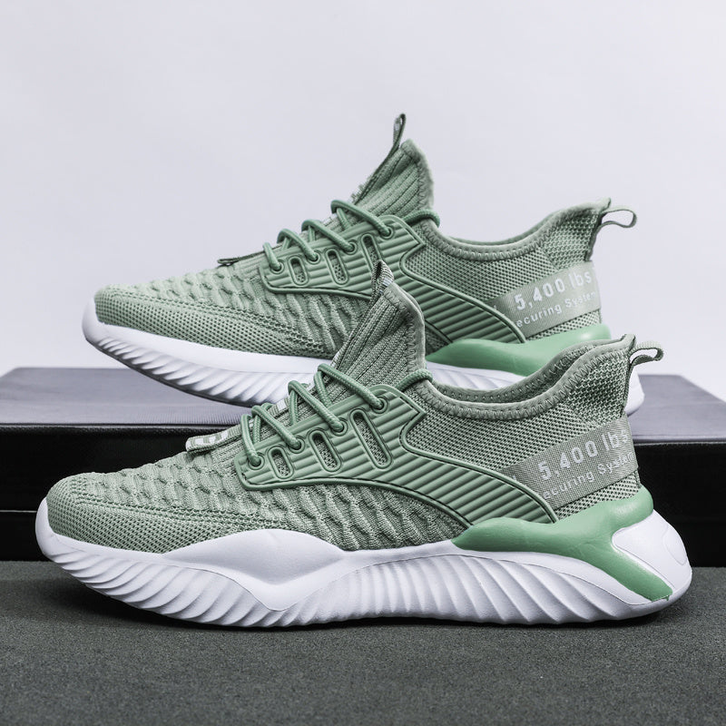 Green knit running shoes with black heel patch and white ribbed sole