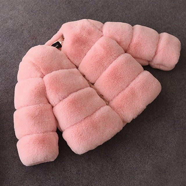 Kids faux fur coat, pale pink quilted puffer with front button closure and long sleeves