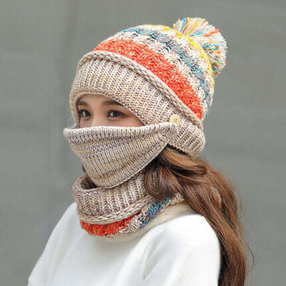 Korean winter knitted hat with multicolor pom-pom beanie and matching ribbed neck gaiter