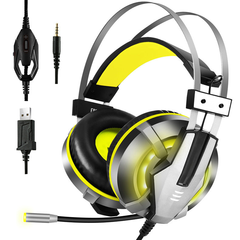 Illuminated gaming headset with yellow accent lighting, black ear cushions, silver frame.