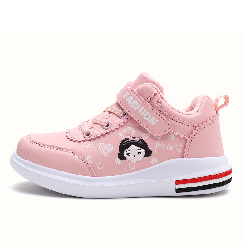 Pink girls' fleece-lined high-top sports shoes with cartoon face, FASHION strap, white sole