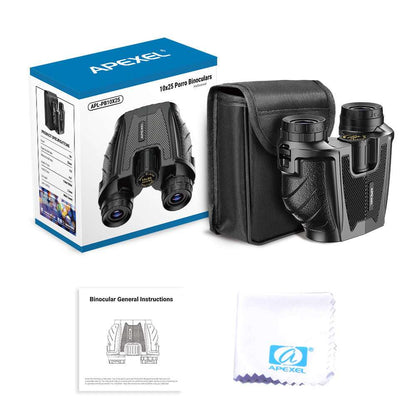 APEXEL binoculars with packaging, case, and cleaning cloth on a white background