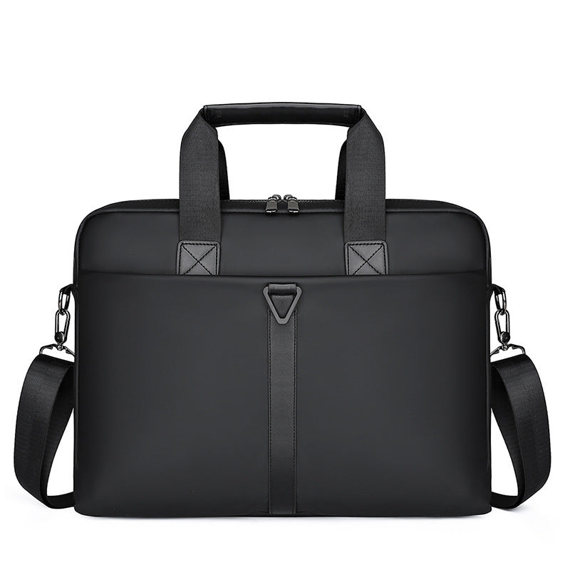 Black PU briefcase bag with dual handles, front emblem, and side shoulder straps