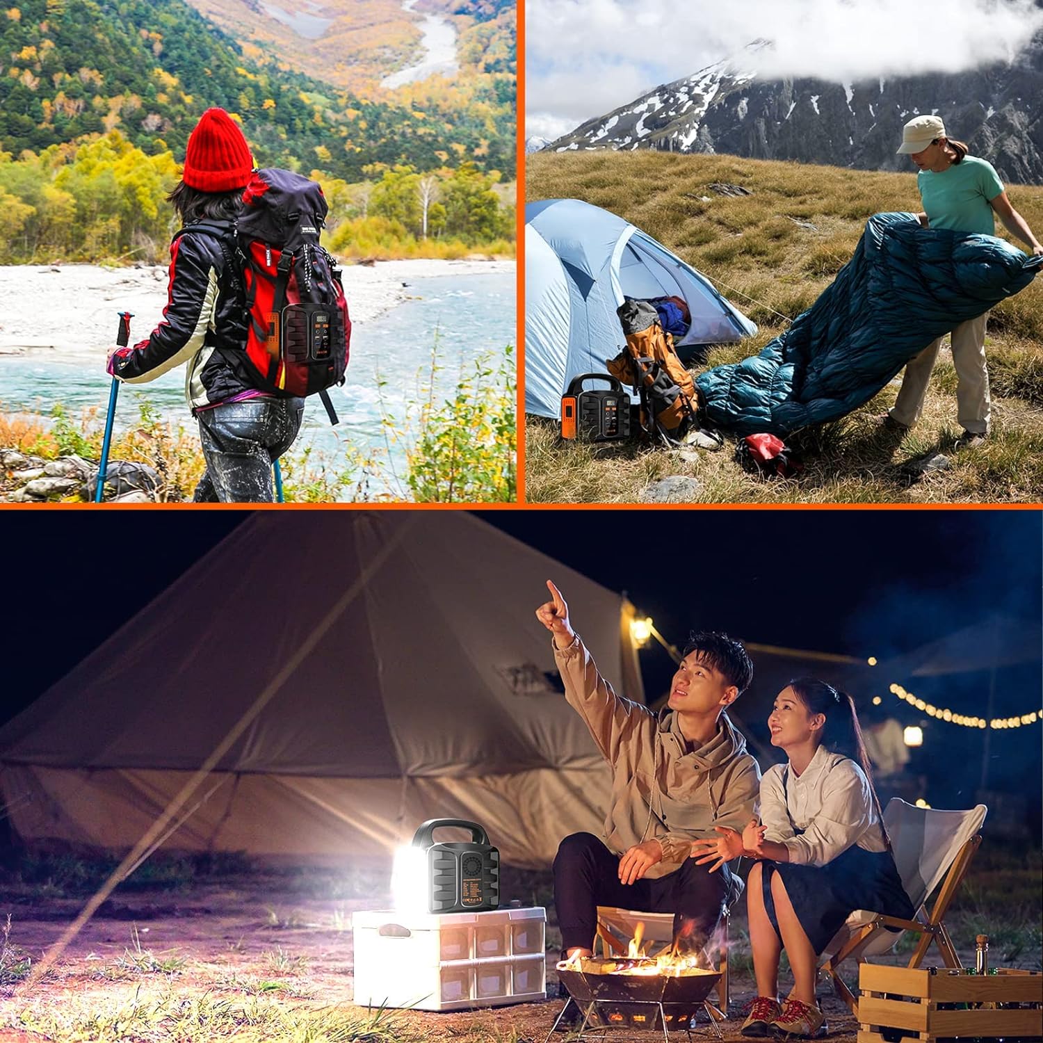 Collage of three scenes showing camping activities including hiking, setting up camp, and enjoying a campfire.