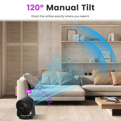 Portable fan with purple ring and black stand, aimed forward for airflow