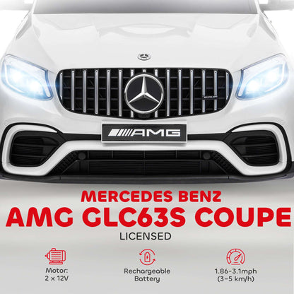 White kids 12V ride-on SUV front view with Mercedes-style grille and AMG badge