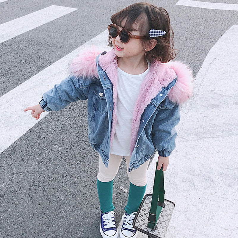 Light blue denim jacket with pink faux-fur hood and fleece lining, button front