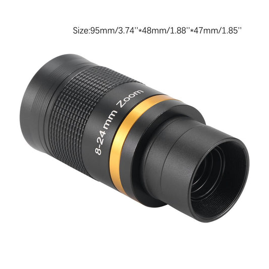 Black and gold telescope with size specifications on a white background