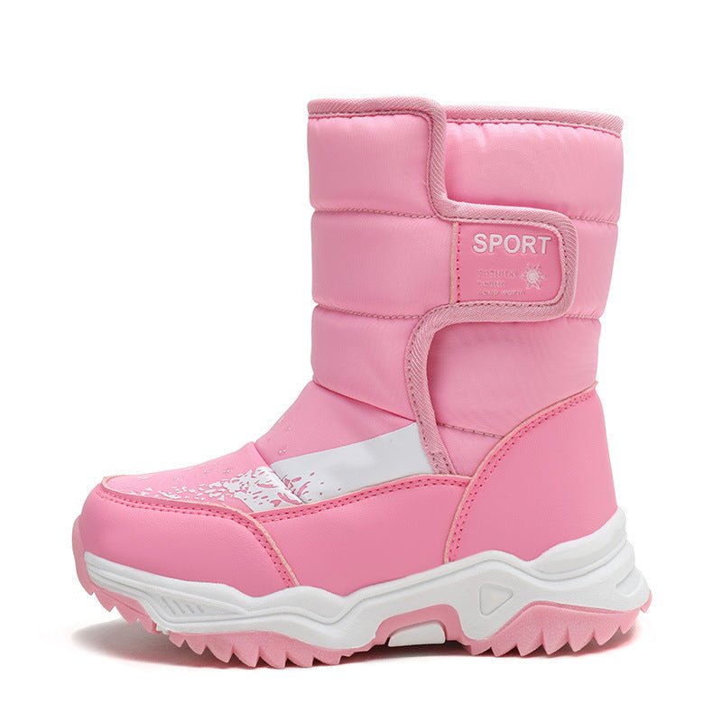 Pink warm medium boots with SPORT patch cuff and chunky white tread sole