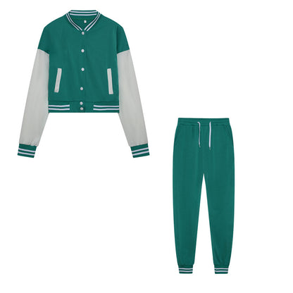 Green baseball jacket and jogger pants set with white contrast sleeves and striped cuffs