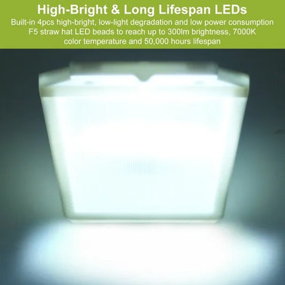 White solar stair light glowing with bright LED light from the front panel