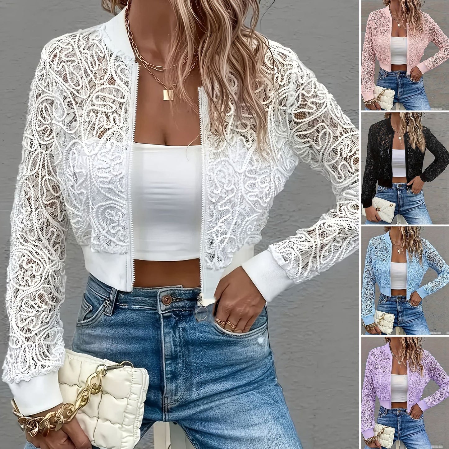 A stylish short-waisted jacket in white floral lace featuring a metallic front zipper, ribbed cuffs, and a lightweight semi-sheer finish.