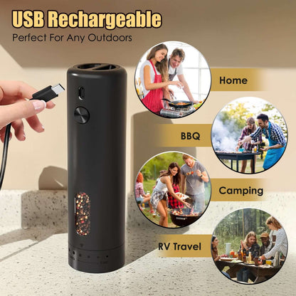 Black rechargeable electric pepper grinder with USB charging port and visible peppercorn window