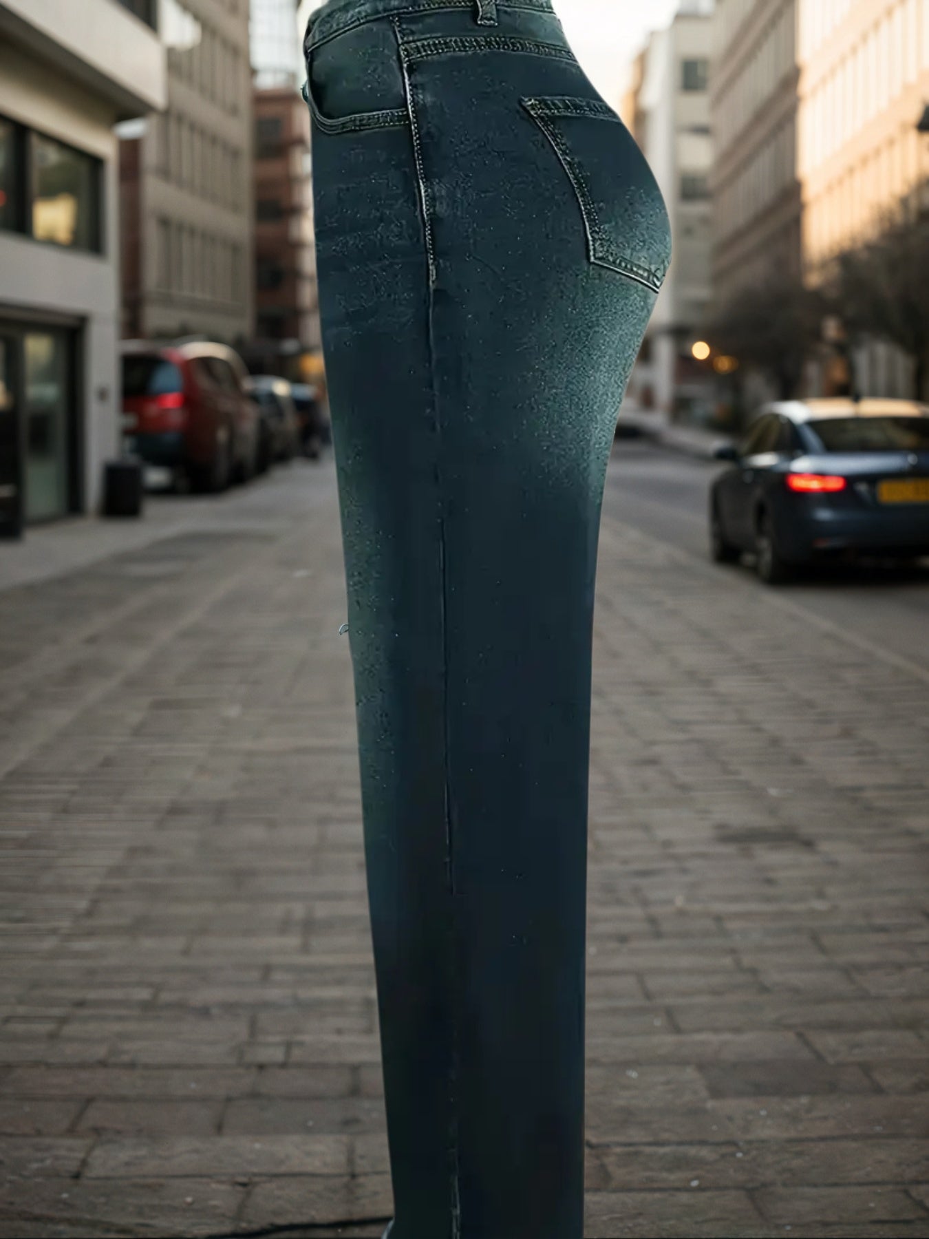 Wide-leg denim pants in dark blue, front pockets, zip fly, wide flared legs.