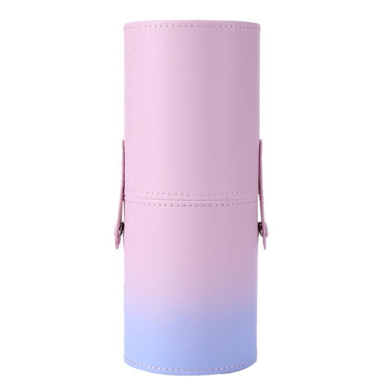 Round PU leather brush holder cup with pink-to-blue gradient and center stitched stripe