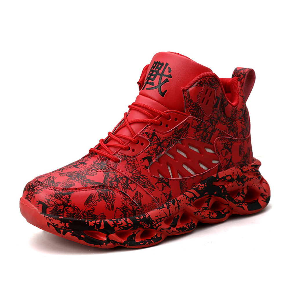 Red graffiti high-top sneakers with lace-up closure and rugged tread sole
