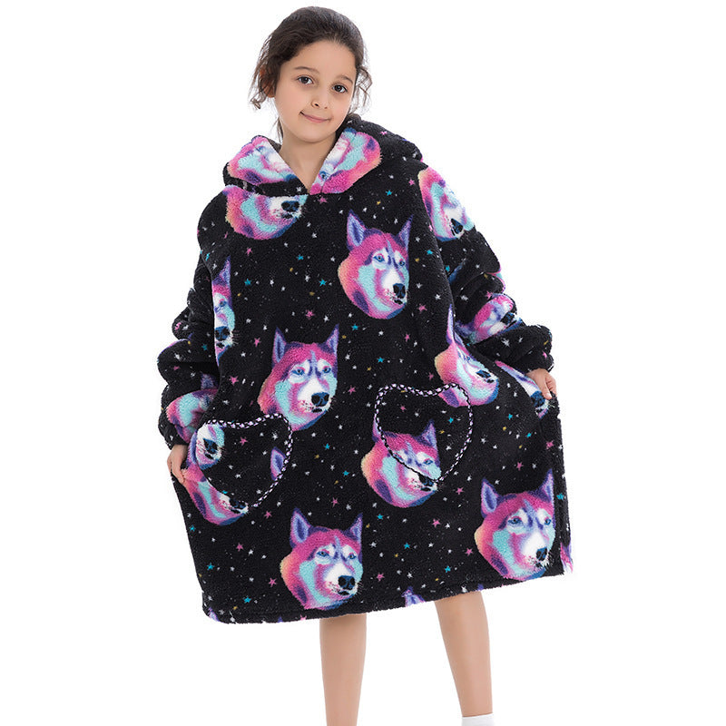 Kids' oversized thermal sweatshirt, black with pink and purple animal face print, hooded