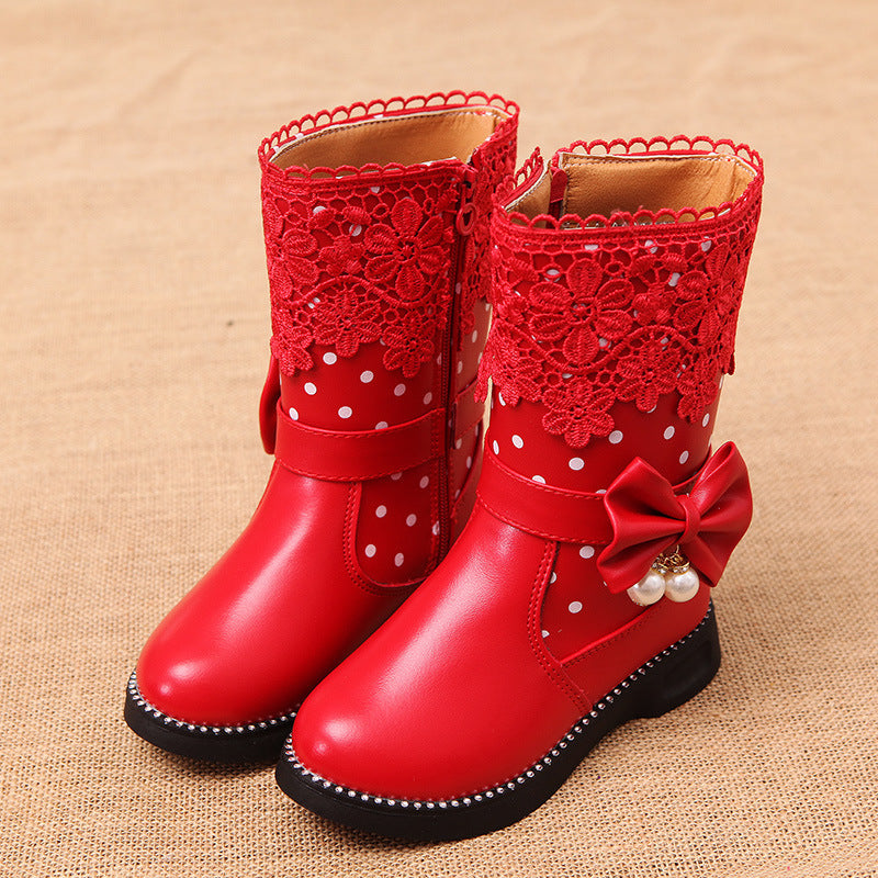 Girls' velvet cotton boots, red lace cuff with bow and pearl charm, polka dots
