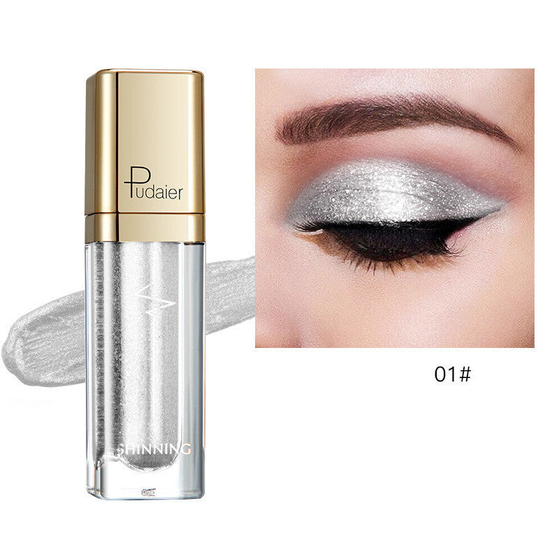 Glitter eyeshadow tube with silver shimmer; swatch on eyelid, shade 01#