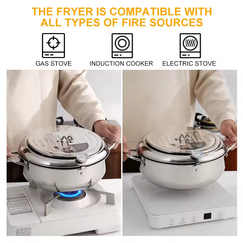 Stainless deep fryer on stovetop with lid closed; compatible burner setup