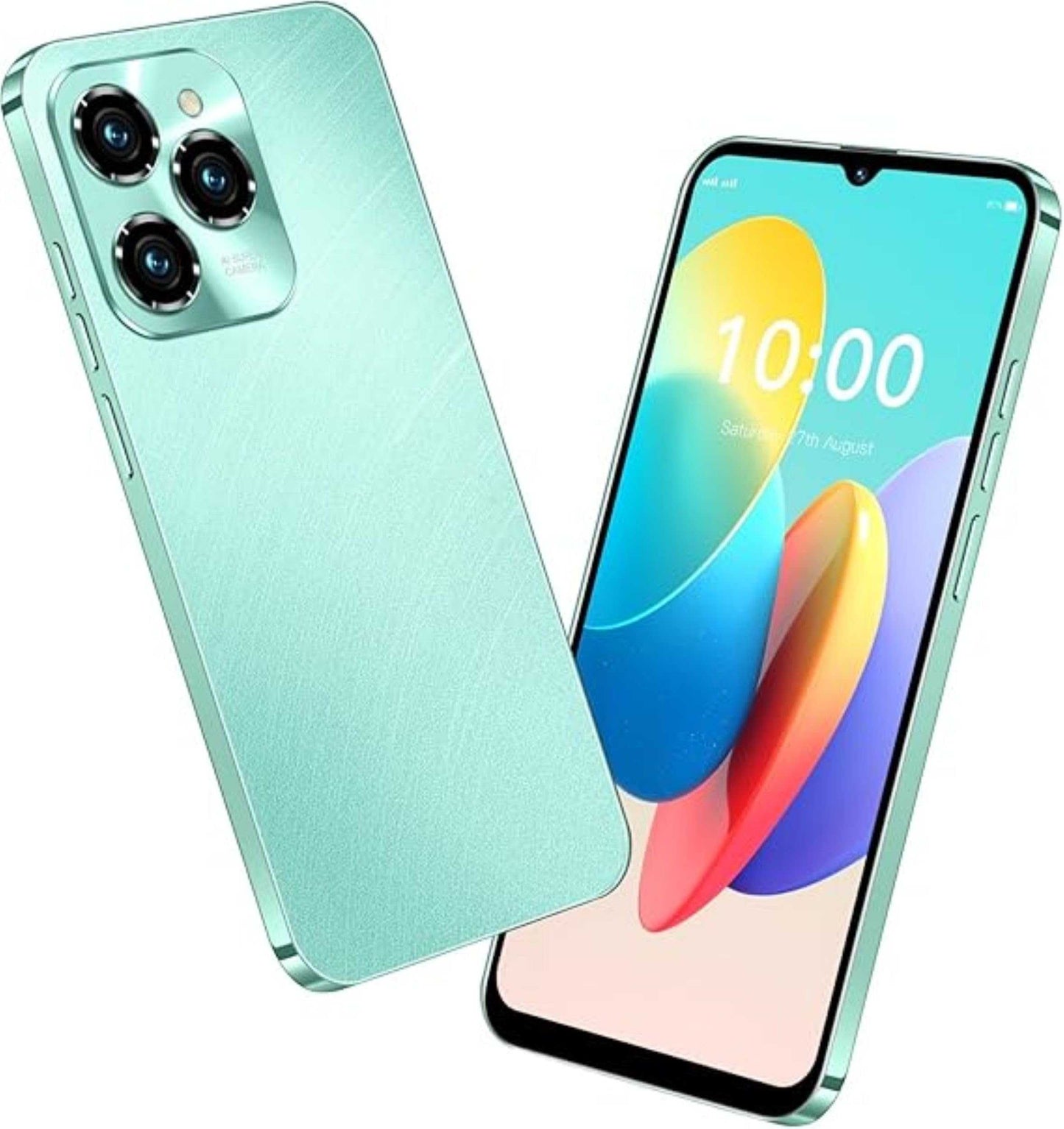 Mint green unlocked smartphone, dual rear cameras, edge-to-edge display