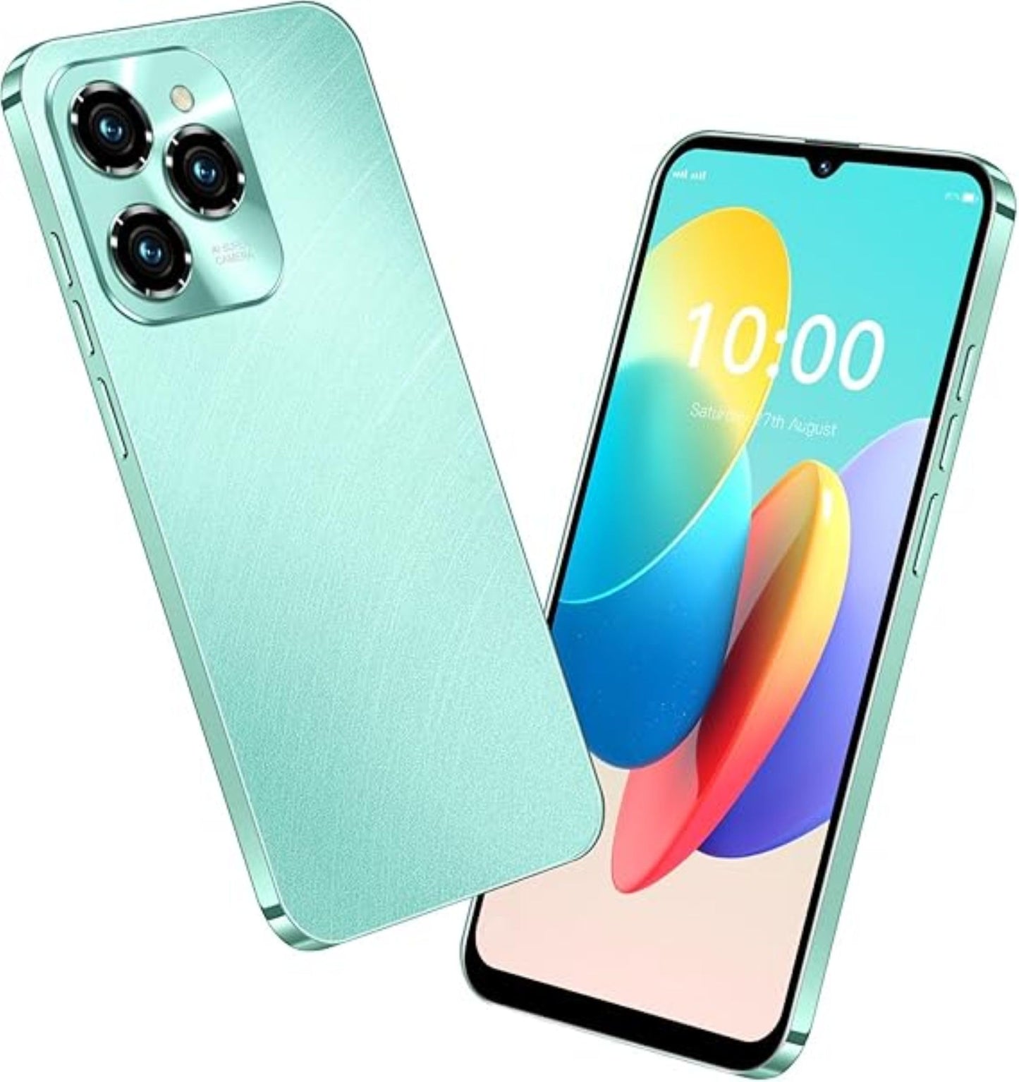 Unlocked smartphone in teal with dual rear cameras and front 6.3-inch display.