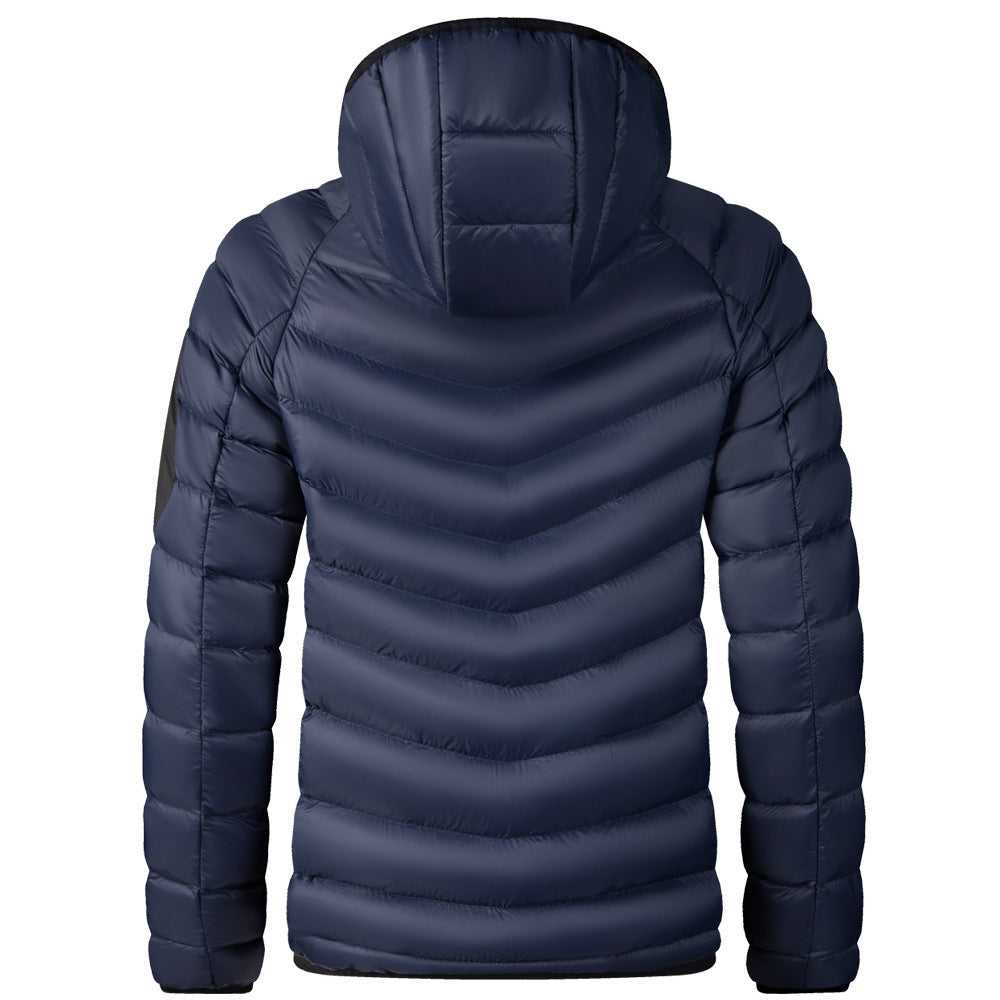 Navy blue puffer jacket shown from the back on a white background