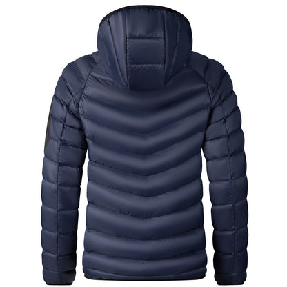 Navy blue puffer jacket shown from the back on a white background