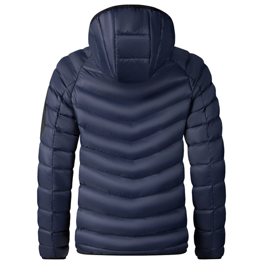 Navy blue puffer jacket shown from the back on a white background