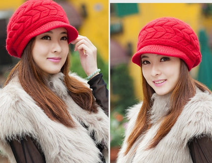 Winter Korean version of the lady's pattern rabbit fur hat knit hat cute plus velvet line warm wool hat autumn and winter