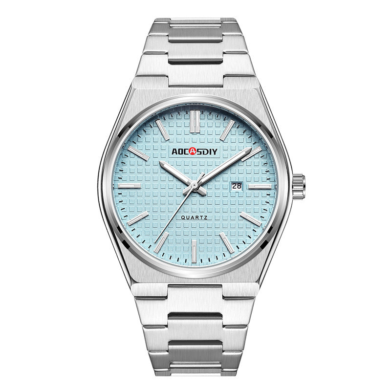Men's steel strap wristwatch with light blue textured dial and silver hands