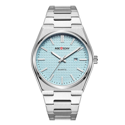 Men's steel strap wristwatch with light blue textured dial and silver hands